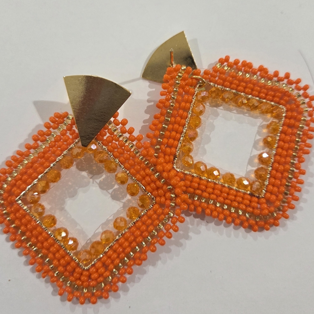 Orange Beaded Earrings with Steel - Picture 2 of 2